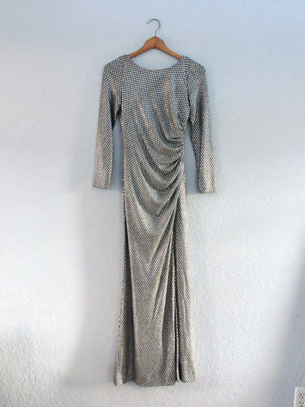 Eliza J drape back modest front gown maxi dress silver beige long sleeves sz 4